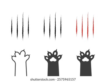 Cat scratch. Set of claws scratches, pets or wild animal nails rip isolated on white background. Lion or tiger flat scratch marks. Black cat foot print. Vector illustration.