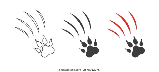 Cat scratch. Set of claws scratches, pets or wild animal nails rip isolated on white background. Lion or tiger flat scratch marks. Black cat foot print. Vector illustration.