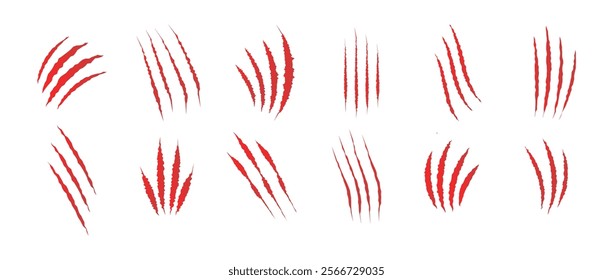 Cat scratch. Set of red bloody animal claw marks isolated on white background. Bear or tiger claws trails. Flat vector illustration.