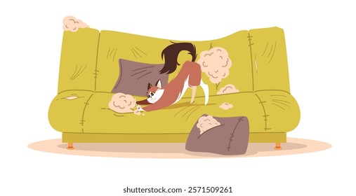 Cat scratched couch. Pet bed behavior. Domestic playfulness animal at home, nasty kitten destroying furniture. Living room with damaged dirty sofa. Cartoon flat isolated vector concept