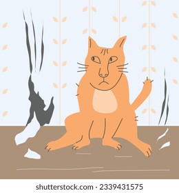 Cat scratched wallpaper.Claw marks . Problem of pet behavior. Cartoon vector illustration