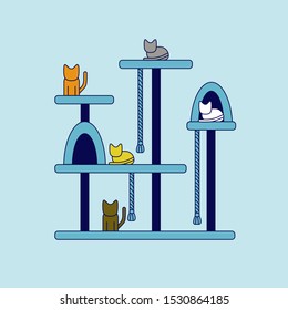 Cat scratcher. Vector llustration for pet or cat shop. Cats sharpen claws. Flyer, banner for cat shop.  