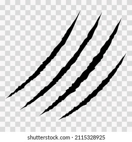 Cat scratches. Animal claw marks in black. Monster or dinosaur attack slash stripes on transparent background. Vector illustration.