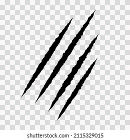 Cat scratches. Animal claw marks in black. Monster or dinosaur attack slash stripes on transparent background. Vector illustration.