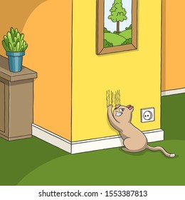 Cat scratches the wall. Hand drawn vector illustration with separate layers.