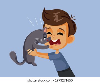 Cat Scratching Little Boy Vector Cartoon. Pet Owner Being Hurt By Aggressive Mean Kitty Having Scars.

