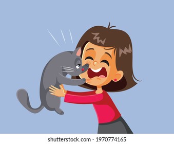 Cat Scratching Little Girl Vector Cartoon. Pet owner being hurt by aggressive mean kitty having scars.
