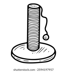 Cat scratching post. Hand drawn doodle. Ball on a rope. Kitten entertainment. Animal game. Pet care. Vector line art illustration.