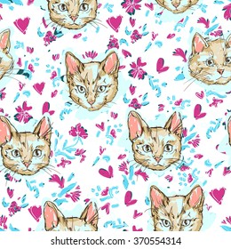 cat seamless, art vector illustration, flowers seamless