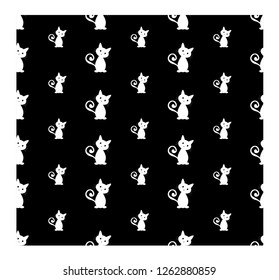 Cat seamless black and white pattern, background. 