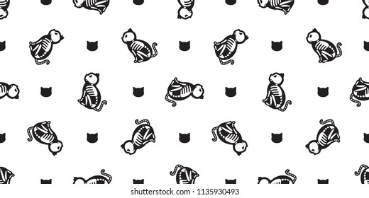 Cat seamless Halloween vector pattern Skull skeleton bone Ghost scarf isolated tile background repeat wallpaper illustration