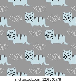 Cat seamless patten vector with childish hand drawn cute cartoon animal colorful illustration background. Creative funny texture. Great for fabric, textile, and baby fashion wrapping or print.