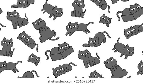 Cat Seamless pattern background and box kids hand drawing set illustration black color isolated on white background