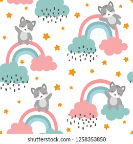 Cat Seamless Pattern Background, Happy cute kitty flying in the sky between clouds and star, Cartoon Kitten Vector illustration for kids forest background with rain dots