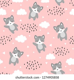 Cat Seamless Pattern Background, Happy cute kitty flying in the sky between clouds and star, Cartoon Kitten Vector illustration for kids forest background with rain dots