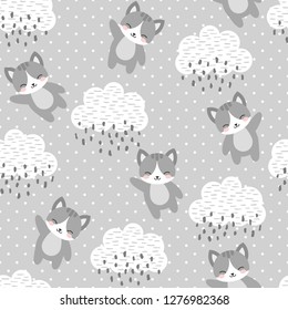 Cat Seamless Pattern Background, Happy cute kitty flying in the sky between clouds and star, Cartoon Kitten Vector illustration for kids forest background with rain dots