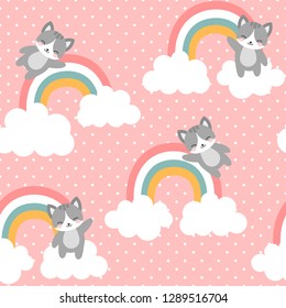 Cat Seamless Pattern Background, Happy cute kitty flying in the sky between clouds and star, Cartoon Kitten Vector illustration for kids forest background with rain dots