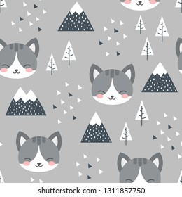 Cat Seamless Pattern Background, Scandinavian Happy cute kitty in the forest between mountain tree and cloud, cartoon kitten vector illustration for kids nordic background with triangle dots