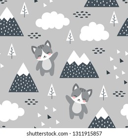 Cat Seamless Pattern Background, Scandinavian Happy cute kitty in the forest between mountain tree and cloud, cartoon kitten vector illustration for kids nordic background with triangle dots