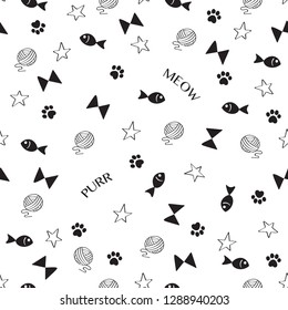 Cat seamless Pattern And Background. Traces of cat paws, fish, stars and balls.