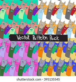 cat seamless pattern, background. vector set, pack of four textures, patterns. bright, colorful doodle, cartoon, hand drawn cats