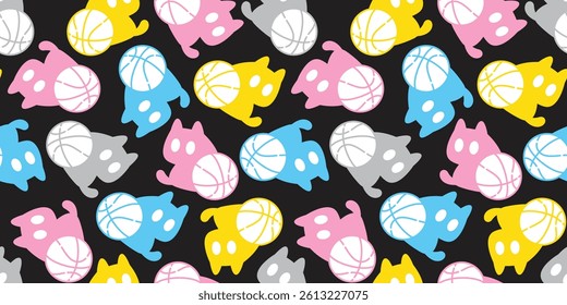 cat seamless pattern basketball kitten sport ball calico sitting cartoon doodle pet illustration tile background gift wrapping paper repeat wallpaper