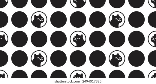 cat seamless pattern black kitten moustache polka dot calico neko vector cartoon pet doodle tile background gift wrapping paper repeat wallpaper scarf isolated illustration design