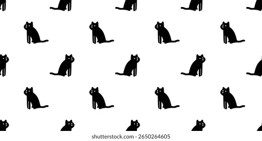 cat seamless pattern black kitten calico sitting halloween doodle cartoon pet animal illustration tile background gift wrapping paper scarf isolated repeat wallpaper