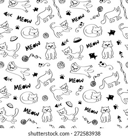 Cat seamless pattern in black and white colors. Vector