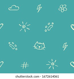 Cat seamless pattern of blue color. Abstract background with hand drawn elements: cat, flower, cloud, sun, paw, flash, heart. Colorful vector illustration.
