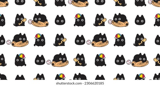 cat seamless pattern calico black kitten baseball bat ball neko doodle sport pet vector cartoon gift wrapping paper tile background repeat wallpaper scarf isolated illustration design