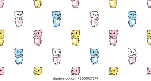 cat seamless pattern calico kitten hello thai sawaddee cartoon doodle pet tile background gift wrapping paper repeat wallpaper colorful illustration