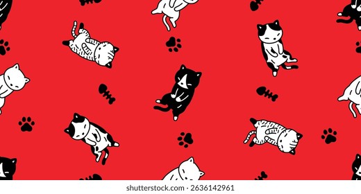 cat seamless pattern calico kitten sleeping paw footprint fish bone cartoon doodle pet animal illustration gift wrapping paper tile background repeat wallpaper scarf isolated