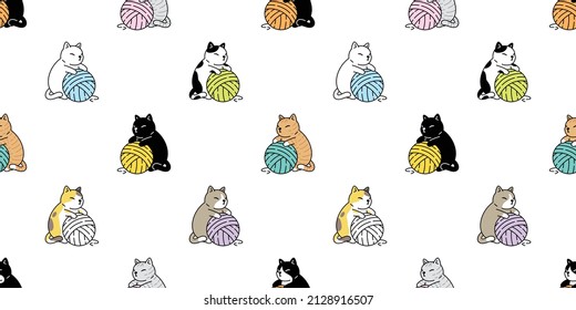cat seamless pattern calico vector kitten yarn ball neko toy breed character cartoon pet tile background repeat wallpaper animal doodle illustration scarf isolated