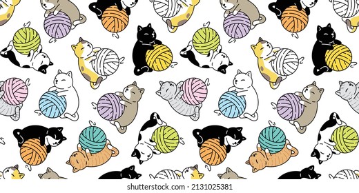 cat seamless pattern calico vector kitten yarn ball neko toy breed cartoon character pet tile background repeat wallpaper animal doodle illustration scarf isolated