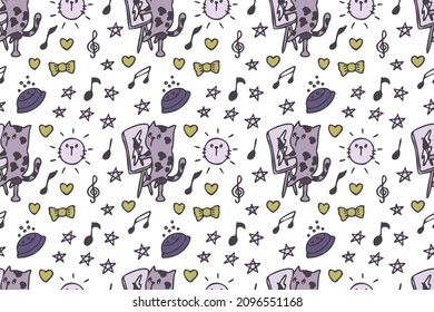 Cat seamless pattern cartoon, wallpaper, cute, drawing, art