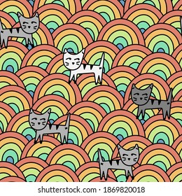 Cat seamless pattern for children. Grey and white animals, cute cats and rainbows . Hand-drawn vector background for fabric, paper