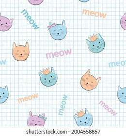 Cat seamless pattern. Children's cartoon characters. Cute kittens with accessories: in a crown, with a bow. Pastel palette. White background with a blue cell. For children's fabrics, textiles, T-shirt