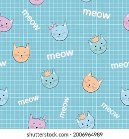 Cat seamless pattern. Children's cartoon characters. Cute kittens with accessories: in a crown, with a bow. Pastel palette. Blue background with a cell. For children's fabrics, textiles, T-shirts.