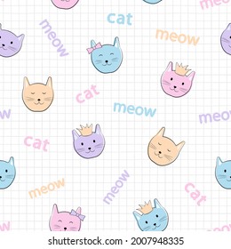Patrón sin fisuras de gato. Personajes de dibujos animados para niños. Gatitos con accesorios: en una corona, con un arco. Para telas, textiles y camisetas para niños.