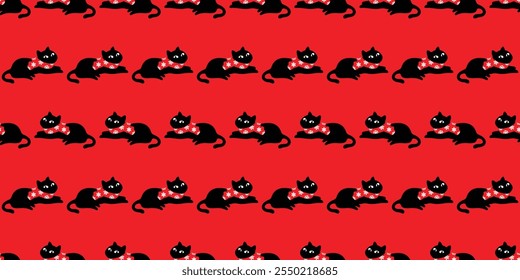 cat seamless pattern christmas black kitten santa claus hat calico neko vector cartoon pet doodle gift wrapping paper tile background repeat wallpaper scarf isolated illustration red design