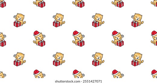 cat seamless pattern christmas gift box kitten santa claus hat calico neko vector cartoon pet doodle wrapping paper tile background repeat wallpaper isolated illustration design