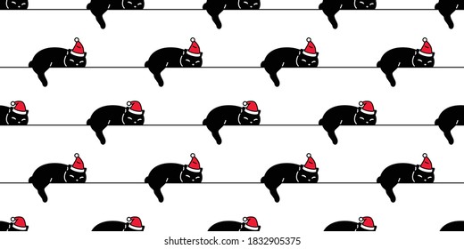 Cat Seamless Pattern Christmas Santa Claus Hat Kitten Vector Sleeping Cartoon Scarf Isolated Repeat Wallpaper Tile Background Illustration Doodle Black Design