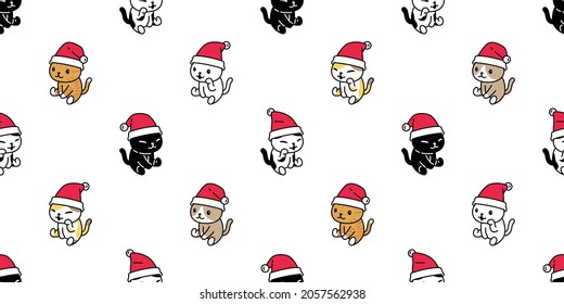 cat seamless pattern christmas santa claus hat kitten calico sitting vector dog pet breed cartoon repeat wallpaper tile background scarf isolated illustration doodle design