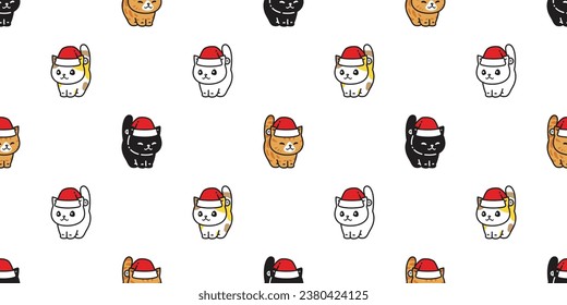 cat seamless pattern Christmas Santa Claus hat munchkin kitten calico neko vector pet doodle cartoon gift wrapping paper tile background repeat wallpaper illustration scarf isolated design