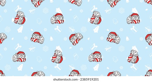 cat seamless pattern Christmas Santa Claus hat candy kitten calico neko snowflake vector pet doodle cartoon gift wrapping paper tile background repeat wallpaper illustration scarf isolated design