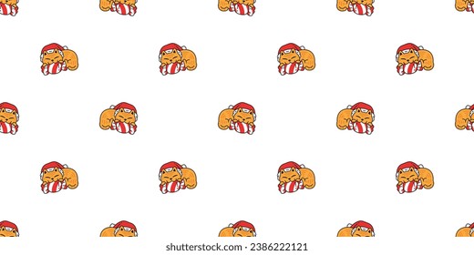 cat seamless pattern Christmas Santa Claus hat candy kitten calico neko vector pet doodle cartoon gift wrapping paper tile background repeat wallpaper illustration scarf isolated design