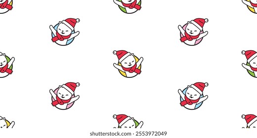 cat seamless pattern christmas santa claus hat calico neko vector cartoon pet doodle gift wrapping paper polka dot tile background repeat wallpaper isolated illustration design