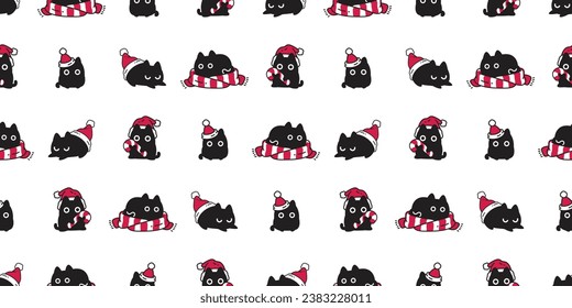 cat seamless pattern Christmas scarf Santa Claus hat candy cane munchkin kitten calico neko vector pet cartoon doodle gift wrapping paper repeat wallpaper tile background illustration isolated design