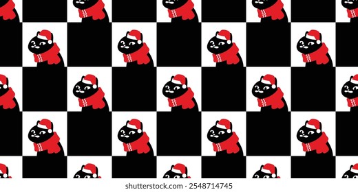 cat seamless pattern christmas scarf black kitten santa claus hat calico neko vector cartoon pet doodle checked tile background gift wrapping paper repeat wallpaper isolated illustration design